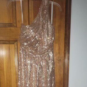 REVELRY Starla Rose Gold Sequin One Shoulder Maxi Gown Dress 8